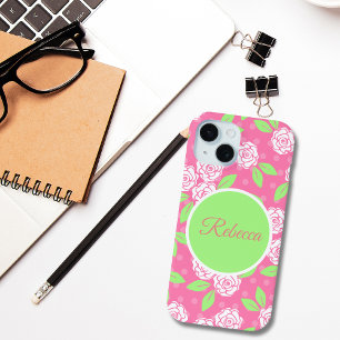 Monogram Roze Groene Bloemige Trendy Chic iPhone 15 Case