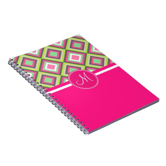Monogram roze groene diamanten vierkant patroon notitieboek (Rechterzijde)