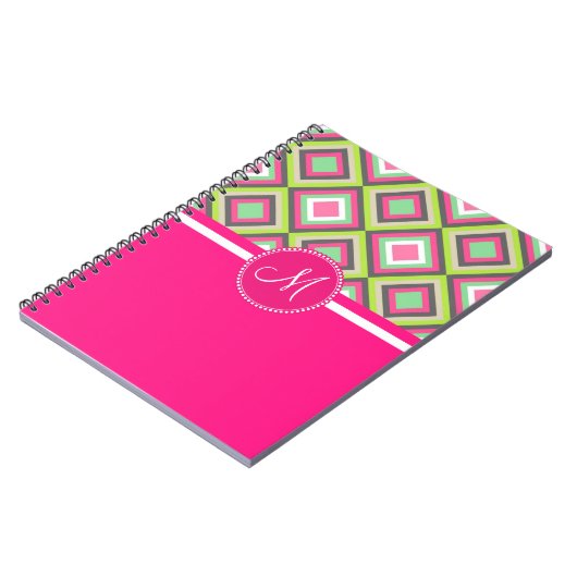 Monogram roze groene diamanten vierkant patroon notitieboek (Linkerzijde)