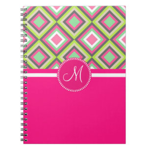 Monogram roze groene diamanten vierkant patroon notitieboek