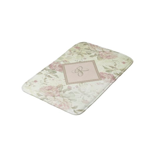 Monogram Roze Groene Floral Shabby Chic Pink Rose Badmat (Gekanteld)