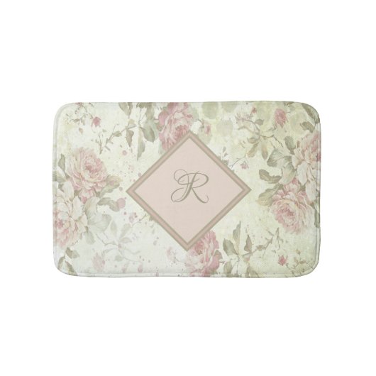 Monogram Roze Groene Floral Shabby Chic Pink Rose Badmat (Voorkant)