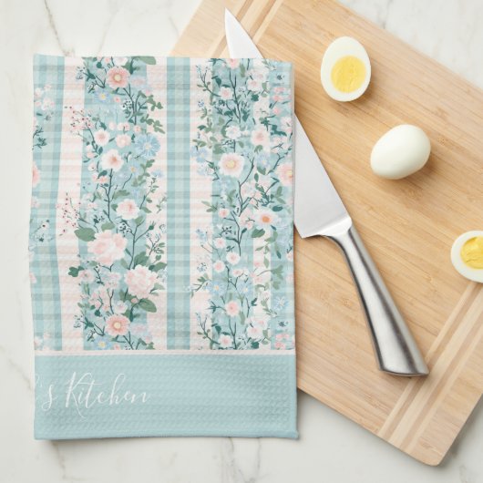 Monogram Roze Groene Pastelbloem Gingham Stripes Theedoek (Quarter Fold)