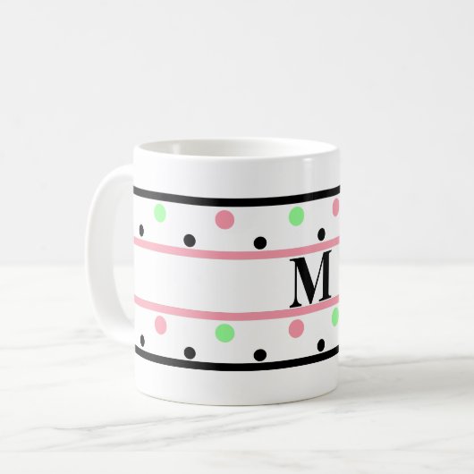Monogram roze groene pooldots koffiemok (Voorkant links)