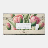 Monogram Roze & Groene Tulpen Bladmuziek Bureaumat (Keyboard & Muis)