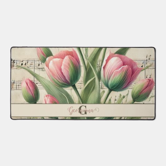 Monogram Roze & Groene Tulpen Bladmuziek Bureaumat (Voorkant)