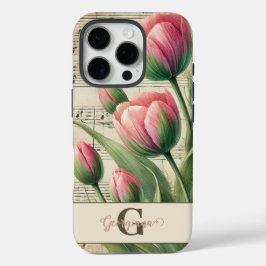 Monogram Roze & Groene  Tulpen Bladmuziek iPhone 16 Pro Hoesje
