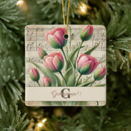 Monogram Roze & Groene  Tulpen Bladmuziek Keramisch Ornament
