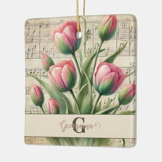 Monogram Roze & Groene Tulpen Bladmuziek Keramisch Ornament (Links)