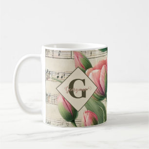 Monogram Roze & Groene  Tulpen Bladmuziek Koffiemok