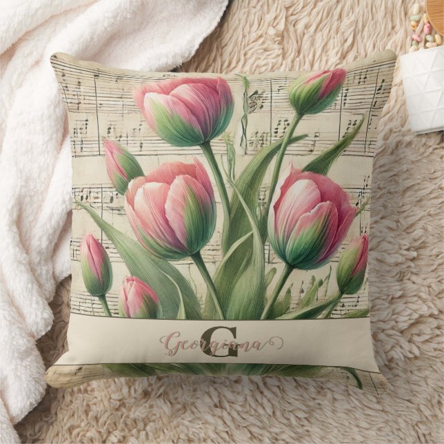 Monogram Roze & Groene  Tulpen Bladmuziek Kussen (Deken)