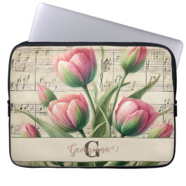 Monogram Roze & Groene  Tulpen Bladmuziek Laptop Sleeve