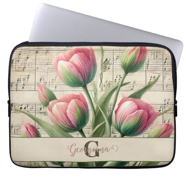 Monogram Roze & Groene  Tulpen Bladmuziek Laptop Sleeve (Voorkant)