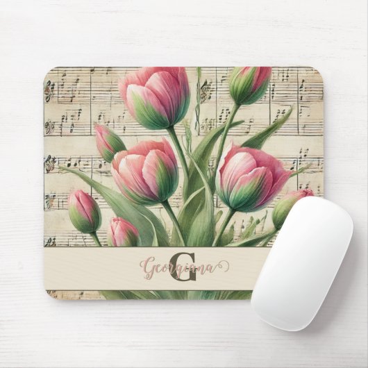 Monogram Roze & Groene  Tulpen Bladmuziek Muismat (Met muis)