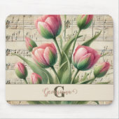 Monogram Roze & Groene  Tulpen Bladmuziek Muismat (Voorkant)
