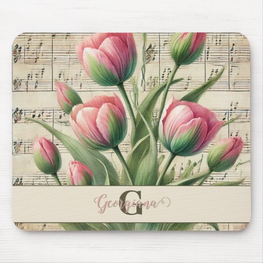 Monogram Roze & Groene  Tulpen Bladmuziek Muismat (Voorkant)
