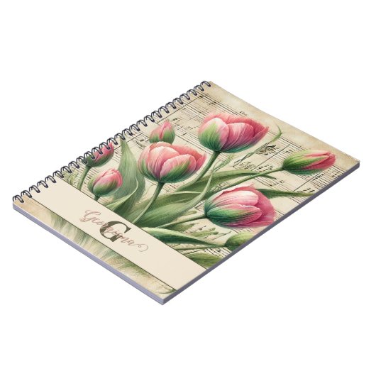 Monogram Roze & Groene Tulpen Bladmuziek Notitieboek (Linkerzijde)