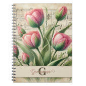 Monogram Roze & Groene Tulpen Bladmuziek Notitieboek (Voorkant)