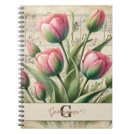 Monogram Roze & Groene  Tulpen Bladmuziek Notitieboek