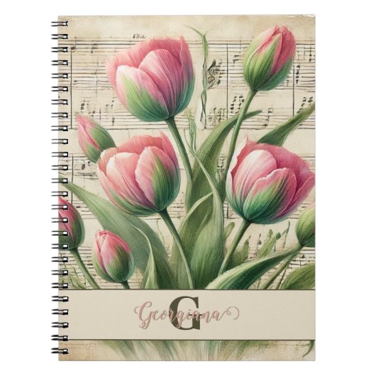 Monogram Roze & Groene  Tulpen Bladmuziek Notitieboek (Voorkant)