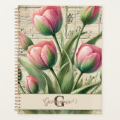 Monogram Roze & Groene  Tulpen Bladmuziek Planner (Voorkant)