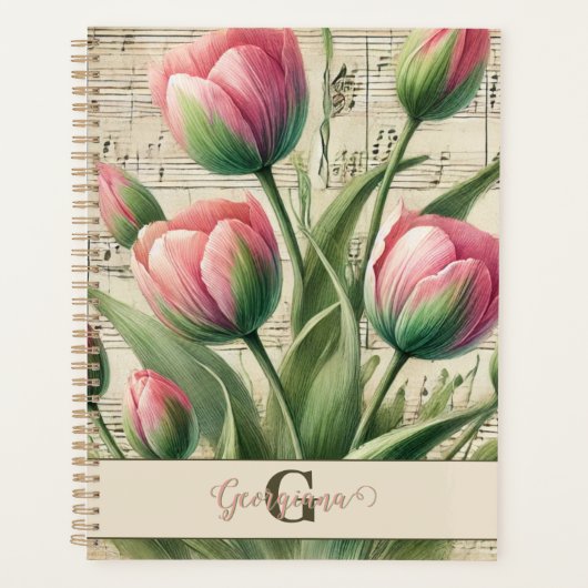 Monogram Roze & Groene  Tulpen Bladmuziek Planner (Voorkant)