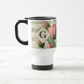 Monogram Roze & Groene Tulpen Bladmuziek Reisbeker