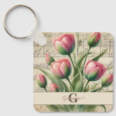 Monogram Roze & Groene  Tulpen Bladmuziek Sleutelhanger (Voorkant)