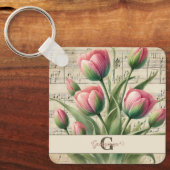 Monogram Roze & Groene  Tulpen Bladmuziek Sleutelhanger (Voorkant)