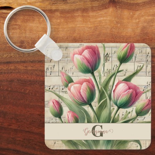 Monogram Roze & Groene  Tulpen Bladmuziek Sleutelhanger (Voorkant)