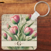 Monogram Roze & Groene  Tulpen Bladmuziek Sleutelhanger (Achterkant)