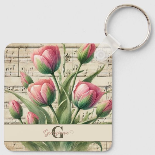 Monogram Roze & Groene  Tulpen Bladmuziek Sleutelhanger (Achterkant)