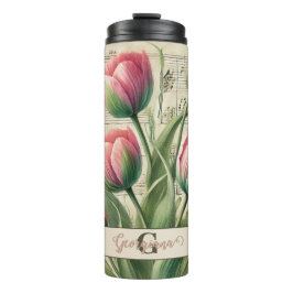 Monogram Roze & Groene  Tulpen Bladmuziek Thermosbeker