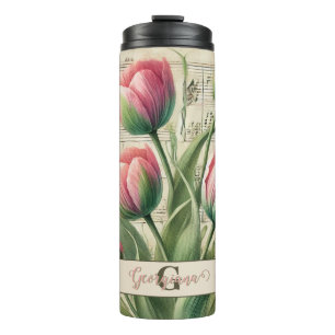 Monogram Roze & Groene  Tulpen Bladmuziek Thermosbeker