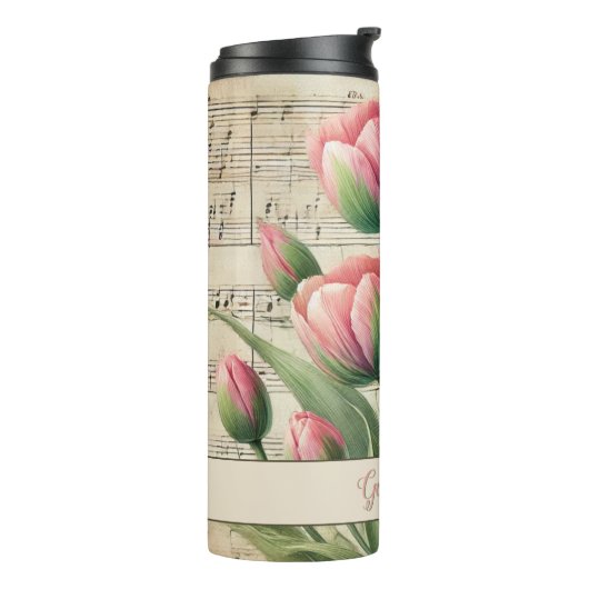 Monogram Roze & Groene  Tulpen Bladmuziek Thermosbeker (Gedraaid links)