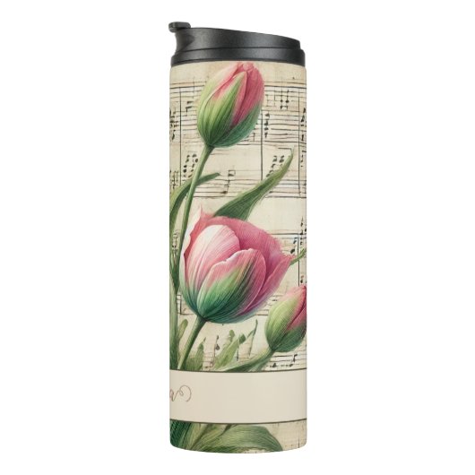 Monogram Roze & Groene  Tulpen Bladmuziek Thermosbeker (Geroteerd rechts)
