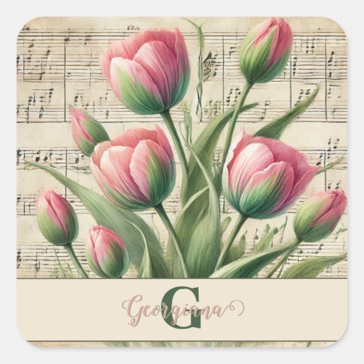 Monogram Roze & Groene  Tulpen Bladmuziek Vierkante Sticker (Voorkant)