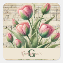 Monogram Roze & Groene  Tulpen Bladmuziek Vierkante Sticker