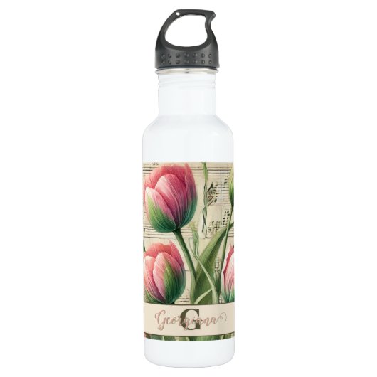 Monogram Roze & Groene  Tulpen Bladmuziek Waterfles (Voorkant)