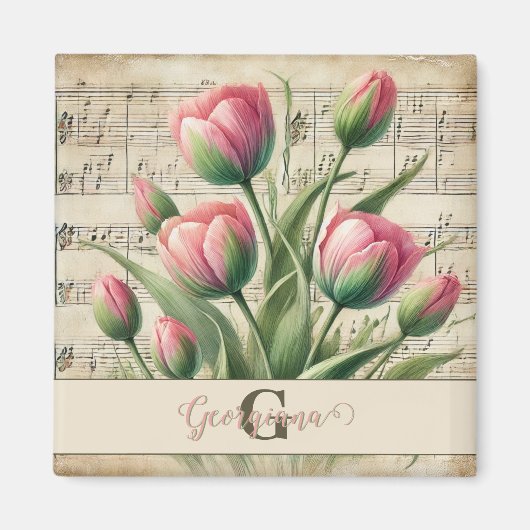 Monogram Roze & Groene Vintage Tulpen Bladmuziek Magneet (Voorkant)