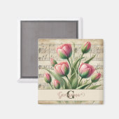 Monogram Roze & Groene Vintage Tulpengescheiden Bl Magneet (Voorkant / Achterkant)