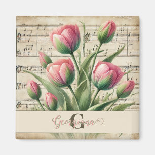 Monogram Roze & Groene Vintage Tulpengesorteerde B Magneet