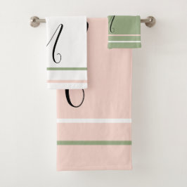 Monogram roze groene witte strepen bad handdoek