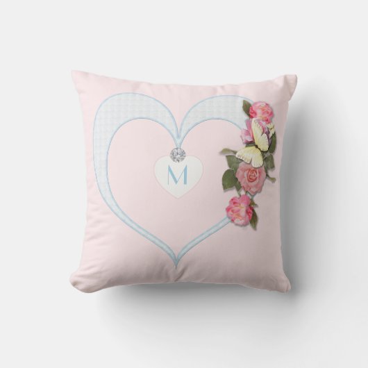 Monogram roze, hart, bloemen, vlinder - diamant kussen (Voorkant)