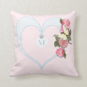 Monogram roze, hart, bloemen, vlinder - diamant kussen