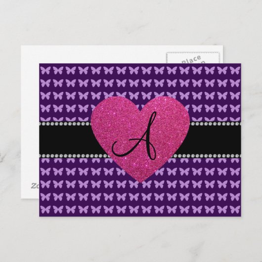 Monogram roze hart paarse vlinders briefkaart (Voorkant / Achterkant)