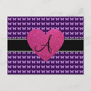 Monogram roze hart paarse vlinders briefkaart