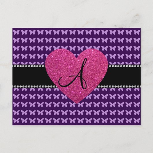 Monogram roze hart paarse vlinders briefkaart (Voorkant)
