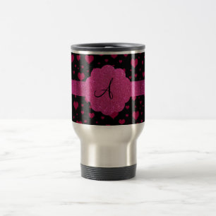 Monogram roze harten glitter reisbeker