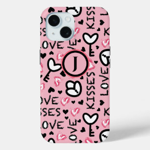 Monogram Roze Harten Liefde Kisses Valentijnsdag iPhone 15 Case